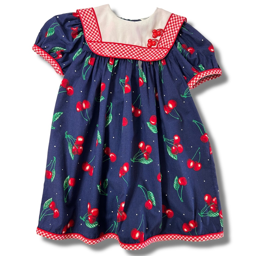 🦋 5/$25 - Vintage Rare Editions Cherry Dress with Gingham Trim - Size 6